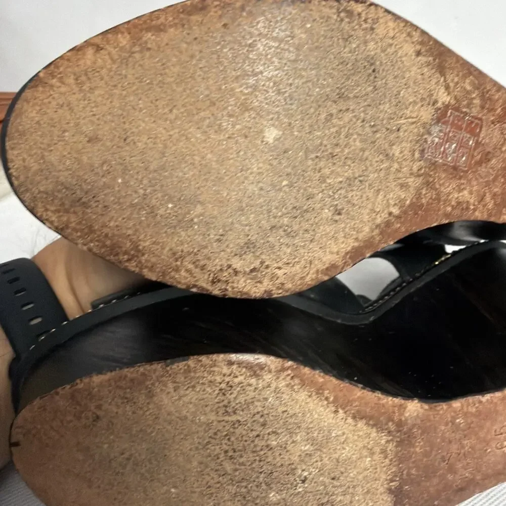 Coach Harla Black Leather Wood Wedge Platform Sandals
